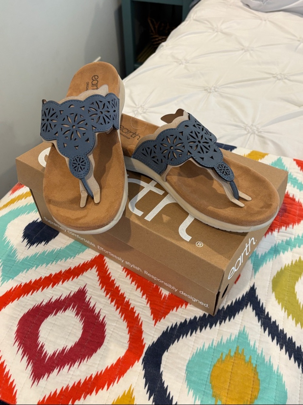 Earth Laser-Cut Thong Sandals in Blue and Tan